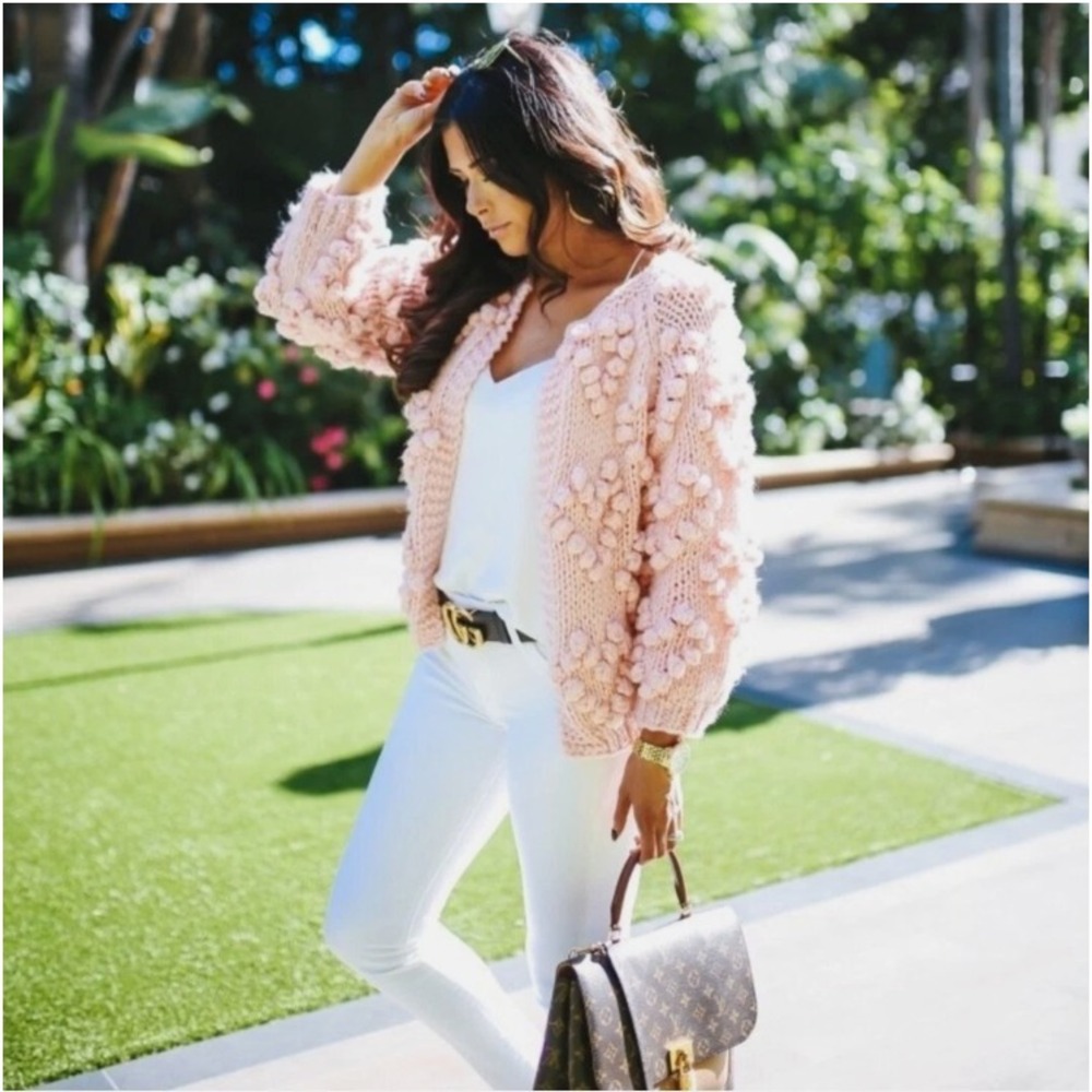 Modcloth Pom Pom Open Crop Cardigan Sweater Women's Size Small Pink Crochet